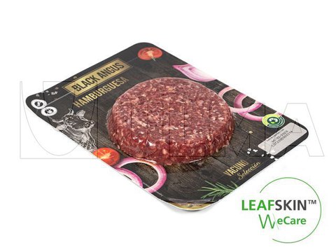 Hazır tabak kapamada sürdürüleblri bir çözüm olan LeafSkin(TM) ile hamburger paketleme