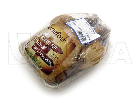 Flowpack makinede  (BDF®) bariyerli shrink filmle pişmiş bütün tavuk paketleme