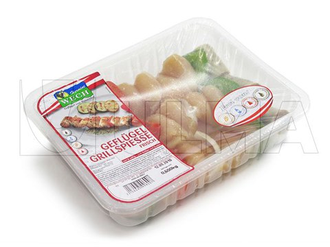 Hazır tabak kapama makinesinde modifiye atmosferde (MAP) tavuk şiş paketleme