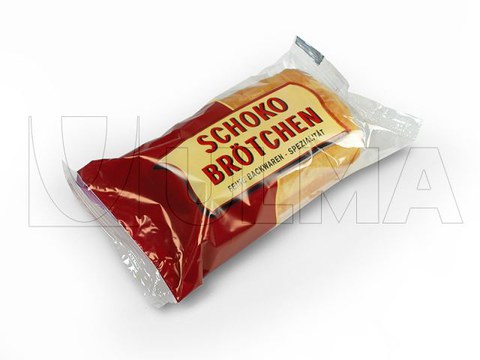 Flowpack makinede çikolatalı ekmek paketleme